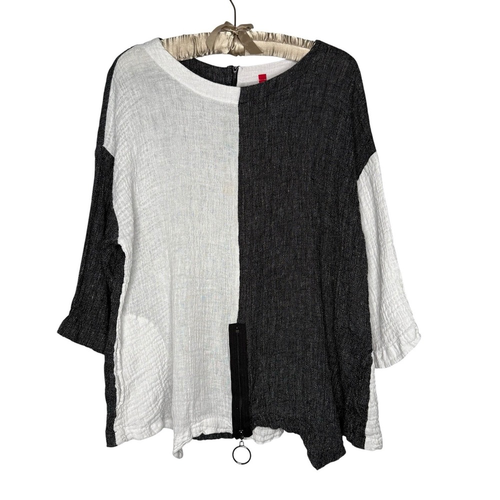 IC By Connie K Black White Gauzy Linen Textured Knit Tunic XL Zipper Pockets USA